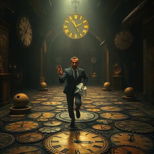 A man in a gray suit running on a floor made of clocks and gears in a dimly lit, surreal environment, captured with a Canon EOS R5 at f/2.8, ISO 100, 24mm lens, wide-angle view, and dramatic lighting for enhanced depth and richness.