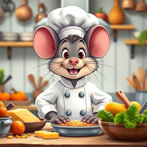 A cheerful cartoon mouse chef in a kitchen, wearing a chef's hat and white coat, surrounded by various ingredients like cheese, vegetables, and cooking utensils, soft natural lighting, 50mm lens, f/2.8 aperture, shallow depth of field, DSLR camera.
