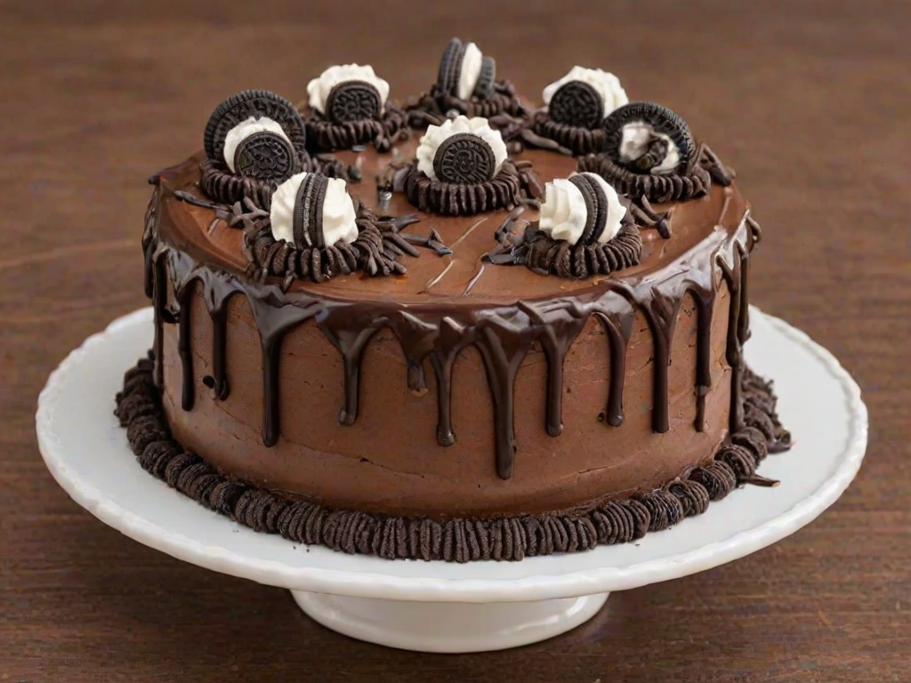 Create an image of a round chocolate cake decorated with chocolate frosting, topped with Oreo cookies arranged in a circle. The cake should have a glossy chocolate drizzle cascading down the sides, and the frosting should be swirled into peaks. The background should be simple and inviting, highlighting the cake.