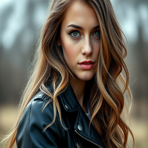 portrait of a young woman with long wavy hair and green eyes, wearing a black leather jacket, soft focus background, natural light, 50mm lens, f/1.8 aperture, ISO 100, camera set at eye level, high dynamic range, editorial style