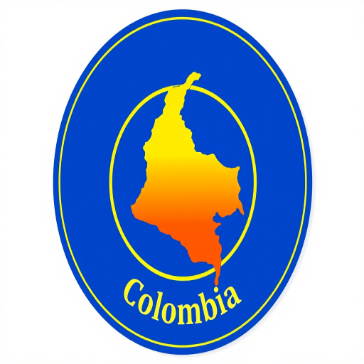 Create a circular emblem featuring the map of Colombia in vibrant yellow, blue, and red colors on a solid blue background with the text "Colombia" in a stylish font at the bottom, captured with a DSLR camera at f/2.8, 50mm lens, ISO 100, natural light, top-down view.