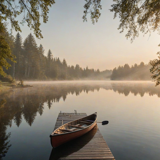 Tranquil lakeside scene, with a wooden dock extending into the water, a canoe gently bobbing in the calm lake, and mist rising from the surface as the sun rises in the background.