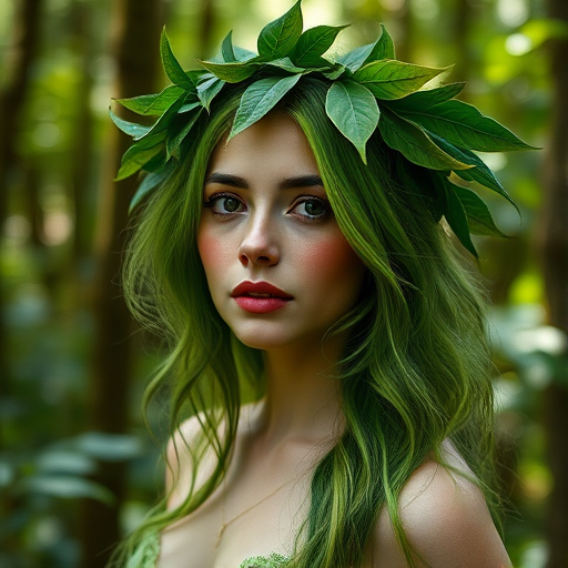 portrait of a woman with vibrant green hair and leaf crown in a mystical forest, soft diffused lighting, f/1.8 aperture, ISO 100, 85mm lens, shallow depth of field, high dynamic range photography, shot on a full-frame DSLR