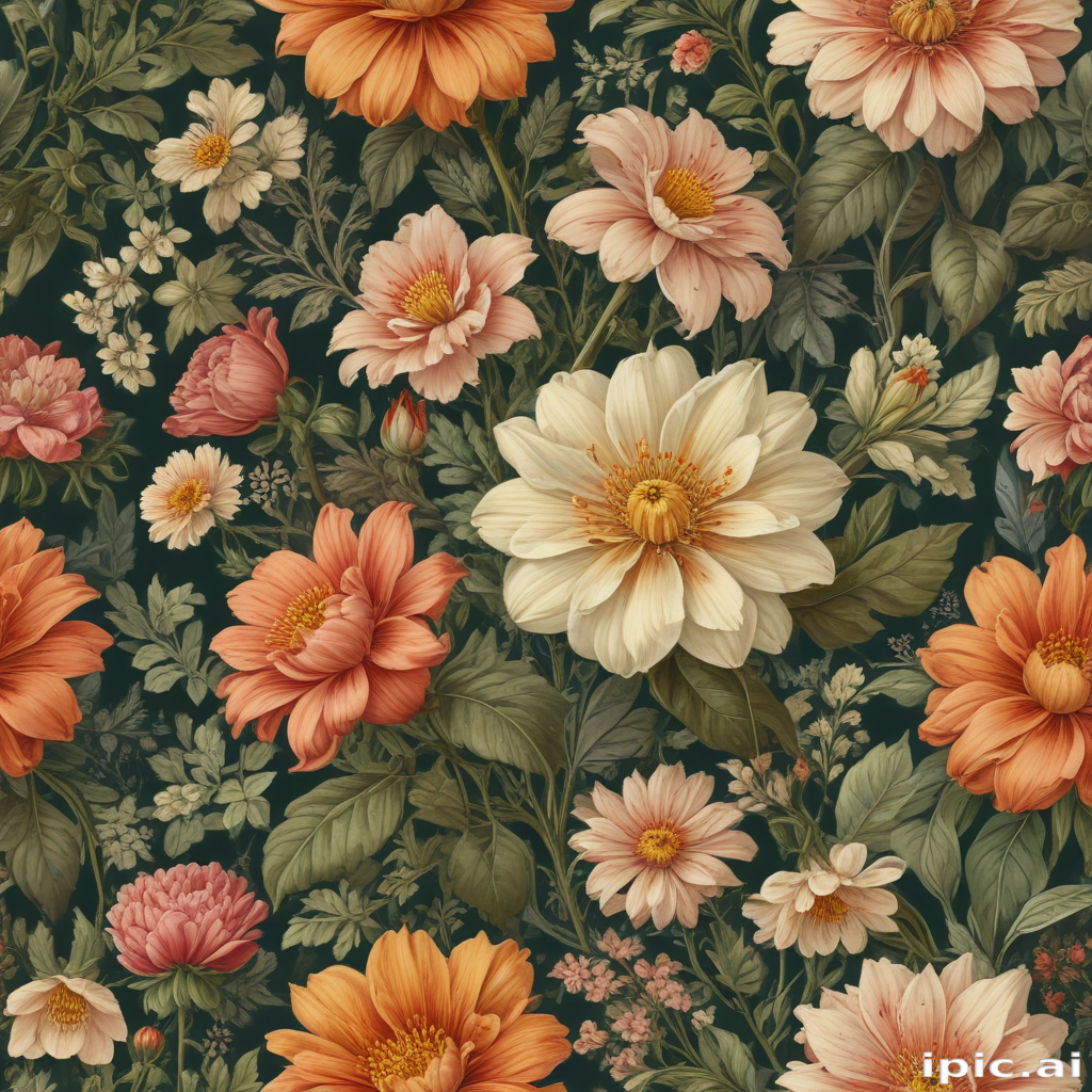 Vibrant Floral Pattern Featuring Diverse Blooms Against a Dark Background