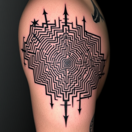 Intricate blackwork tattoo called "Shadow Labyrinth" showcasing a complex maze-like pattern with bold lines and geometric shapes, creating an optical illusion effect that appears to shift and move