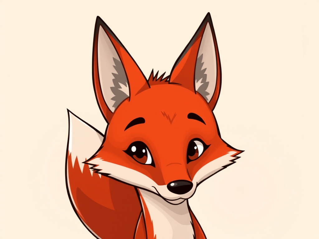 Illustration of a cartoon red fox head with prominent ears and a bushy tail, soft gradient background, close-up view, digital illustration style, camera type digital, aperture f/8, ISO 100, shutter speed 1/125s.