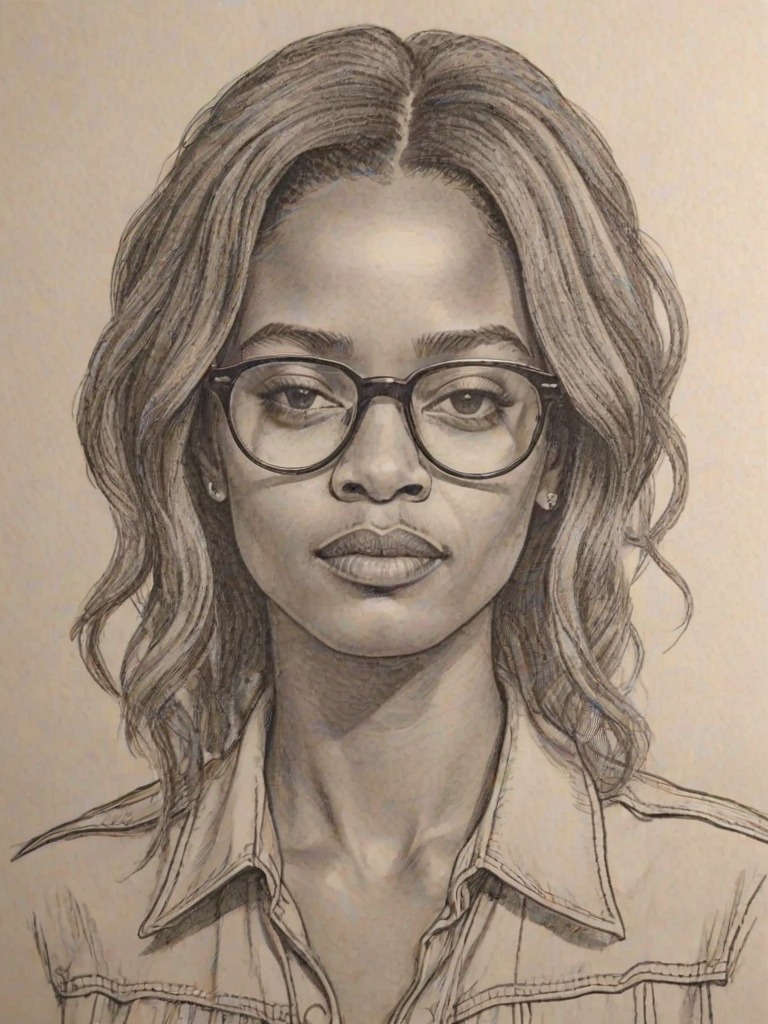 Charming Lakeith Stanfield, pencil sketch, portrait of Charming woman 1974s in glasses, hair style beatnik, outline, clear lines, fine lines, 8k