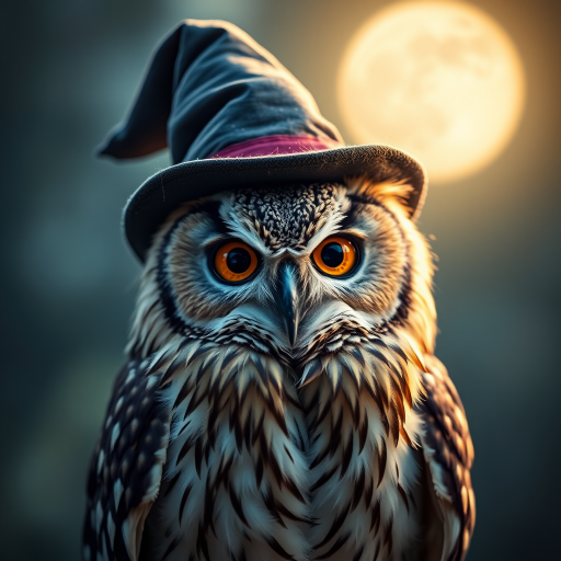 Create a whimsical scene featuring a wise owl wearing a pointed wizard hat, illuminated by soft moonlight, with intricate feather details and large expressive eyes, using a DSLR camera with a 50mm lens, aperture set to f/1.8, ISO 400, and a shallow depth of field for a magical atmosphere.