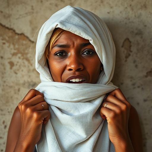 Create a close-up photographic image of a Aboriginal Australian woman with light skin tones shown against an old, worn wall. Their head is wrapped in a white cloth covering (i.e.... parts of the head except the nose and mouth, which are open as if they are screaming...), with a slight texture and visible folds in the fabric. Thin strands of blonde hair escape from the wrapping above, falling lightly at the top and sides. Their hands hold the fabric as if they are tugging nervously. The lighting is dramatic and even, casting strong shadows. The image has a minimalist and surreal style with an emphasis on simplicity with soft color tones. The composition is centered.