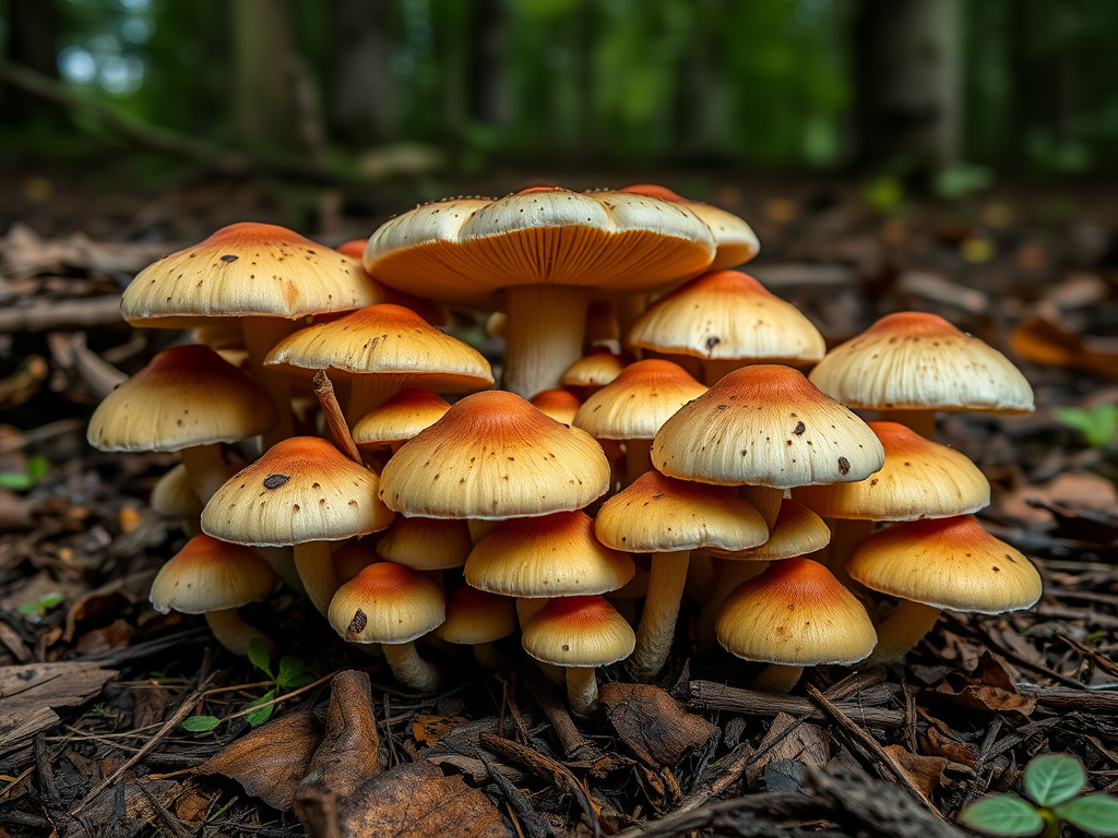 Regenerate the image of clusters of mushrooms with varying sizes and shapes in a forest setting, using a DSLR camera at f/2.8 aperture, ISO 100, with a 50mm lens, taken from a low-angle view to highlight the details and textures under soft natural lighting.