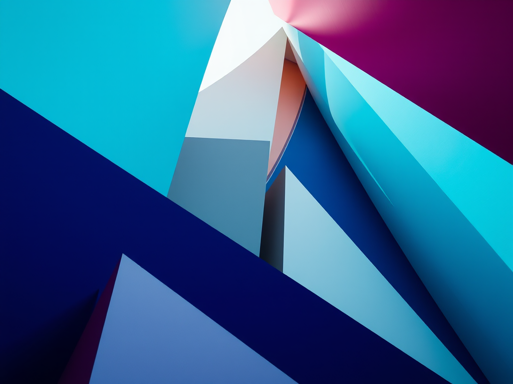 Create an abstract image featuring large, geometric triangular shapes with sharp angles and contrasting colors, captured with a DSLR camera, wide-angle lens at f/8 aperture, ISO 100, in natural light, from a low-angle perspective to emphasize depth and complexity.