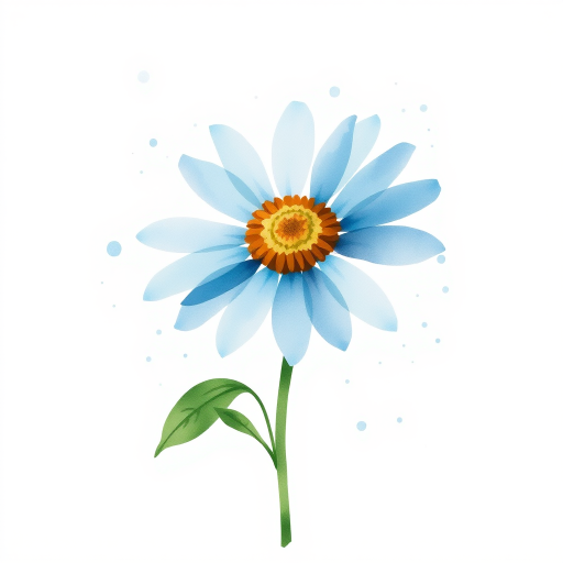 A single blue daisy flower in a loose, whimsical watercolor style. The petals are unevenly spread, with soft blue and brown tones. The stem is thin and slightly curved, with two green leaves, while watercolor splatters create an organic, artistic effect around the flower. The background is light beige with natural watercolor textures and splashes.