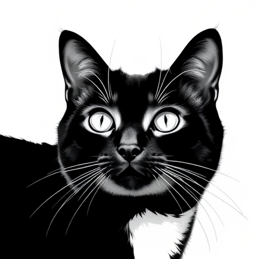 Generate a minimalistic black and white illustration of a cat, close-up view, shot with a DSLR camera at f/2.8, ISO 100, 50mm lens, natural lighting for sharp details and smooth bokeh effect.