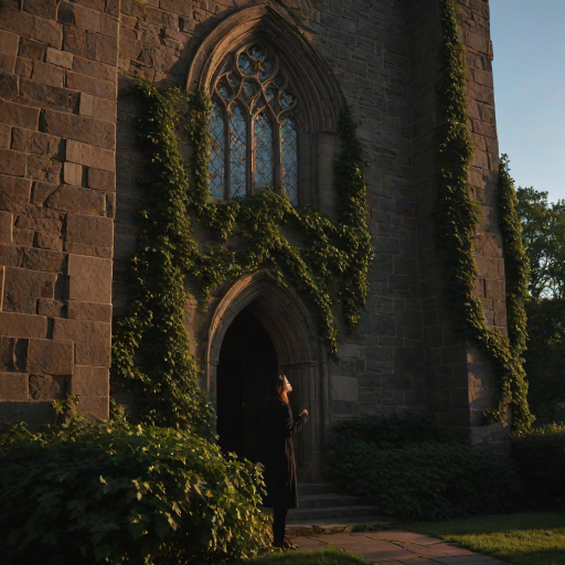 Old stone church at twilight, with ivy climbing its walls, a woman stands in front of the entrance, her silhouette framed by the last light of day as she gazes up at the stained-glass windows.