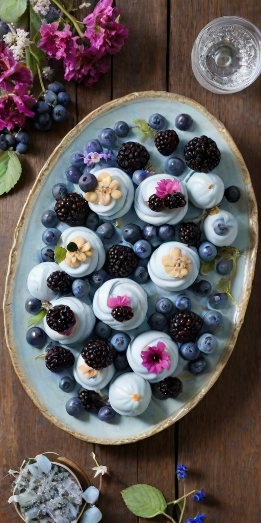 Generate an image of a beautifully arranged dessert platter featuring light blue meringue nests topped with blackberries, blueberries, and delicate purple flowers. The platter should have an ornate, vintage design, set against a rustic background with decorative glassware and wooden elements.