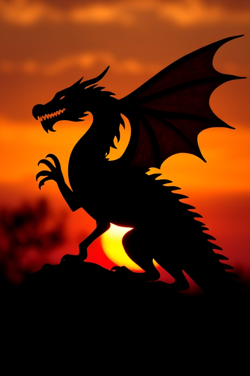 Generate an image of a stylized dragon silhouette against a sunset background, shot with a DSLR camera using an aperture of f/8, ISO 100, 50mm lens, 1/250 second shutter speed, in landscape mode to enhance detail and color vibrancy.
