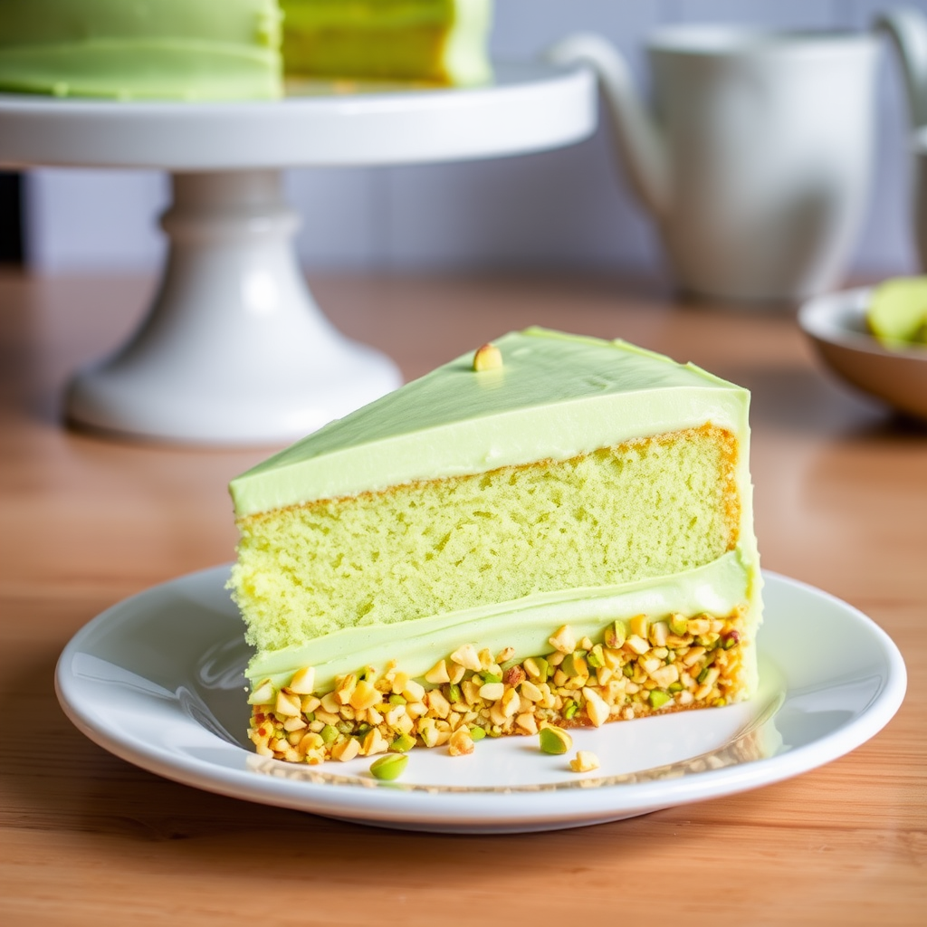 A slice of light green cake with a smooth green frosting and crushed pistachios on the base placed on a white plate with a blurred background of a cake stand and a kitchen setting.
