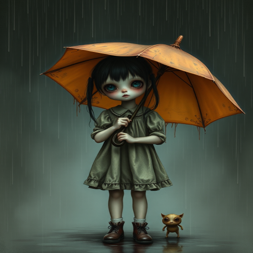 An eerie, weird little girl with dark hair in thin pigtails, wearing a smock dress, standing in the rain, holding a dirty orange umbrella, a small, odd creature beside her. In a surreal style inspired by Nicoletta Ceccoli and Brian Froud. Dark fantasy themes