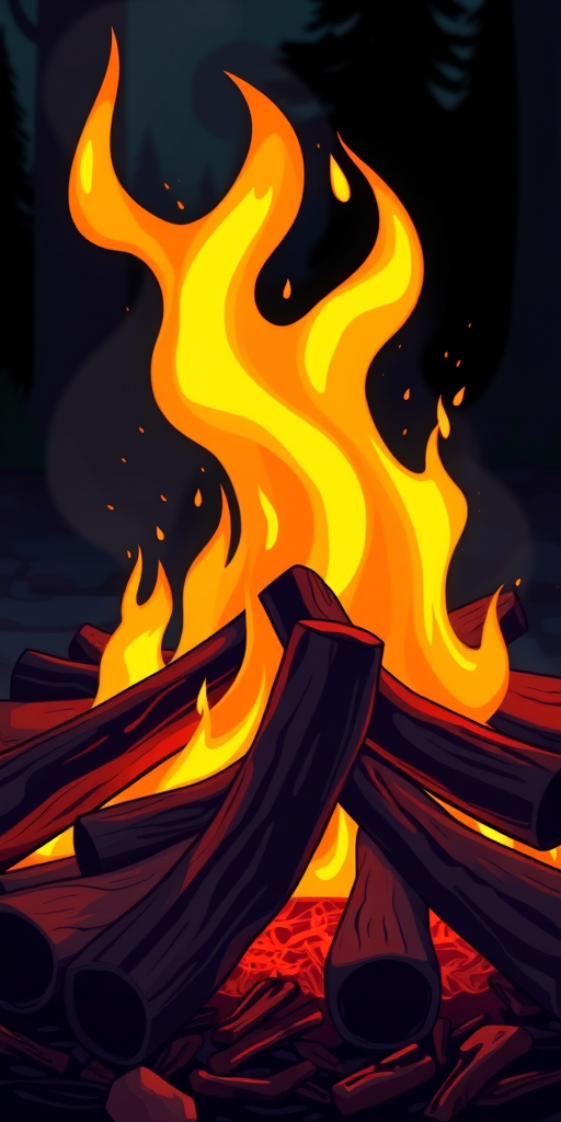 Create a vibrant, stylized illustration of a campfire with bright yellow and orange flames dancing above a pile of wooden logs, using a 50mm lens, f/2.8 aperture, ISO 200, natural light, high dynamic range for enhanced detail and color saturation.