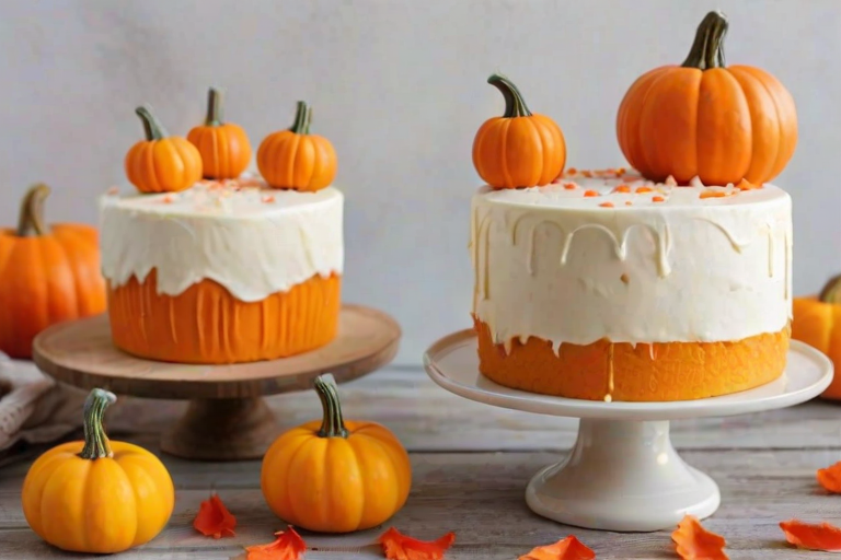 Generate an image of two small tiered cakes on white cake stands. One cake is orange with cream frosting and topped with a small pumpkin decoration. The other cake is yellow with white frosting, also topped with a small pumpkin. Surround the cakes with scattered candy pumpkins on a wooden table background.