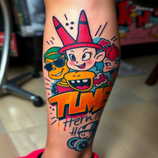 Colorful new school body tattoo featuring cartoon-inspired characters and bold graffiti elements on the calf, incorporating vibrant primary colors and thick outlines
