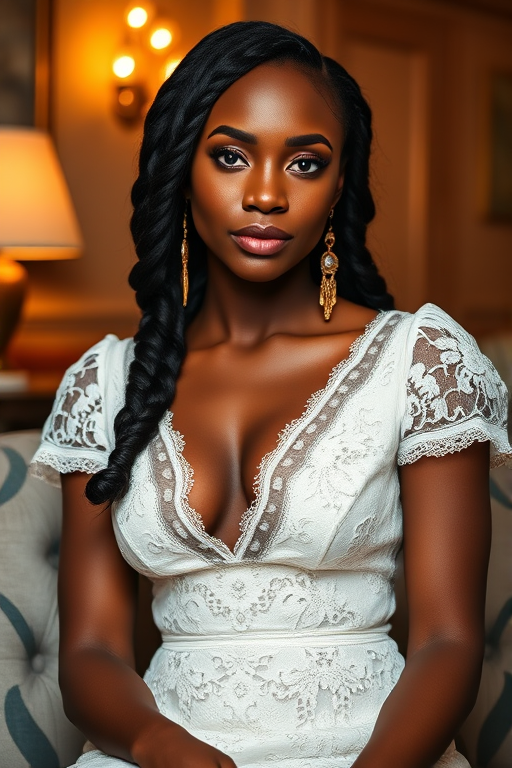 Create a portrait of a refined and elegant African American woman seated in a sophisticated setting. She has long, wavy hair styled in two thick braids that are pulled over her shoulders. She wears a white, lace gown with intricate patterns, featuring a deep V-neckline and short sleeves. The dress exudes a vintage charm with its delicate lacework. She is adorned with ornate, dangling earrings that add a touch of glamour to her appearance. The background is softly lit, with warm, ambient lighting that creates a cozy and inviting atmosphere. Her expression is poised and serene, capturing a sense of grace and elegance.