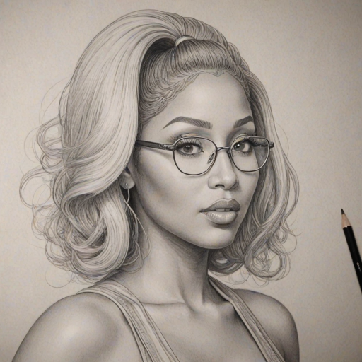Gorgeous Nicki Minaj, pencil sketch, portrait of Ravishing woman 1936s in glasses, hair style beatnik, outline, clear lines, fine lines, 8k