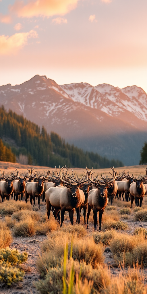 Wide-angle landscape photography of a herd of elk in a mountainous setting, captured at golden hour for soft lighting, aperture f/8 for depth of field, shutter speed 1/200 sec to freeze motion, ISO 100 for clarity, using a DSLR camera with a 24mm lens.