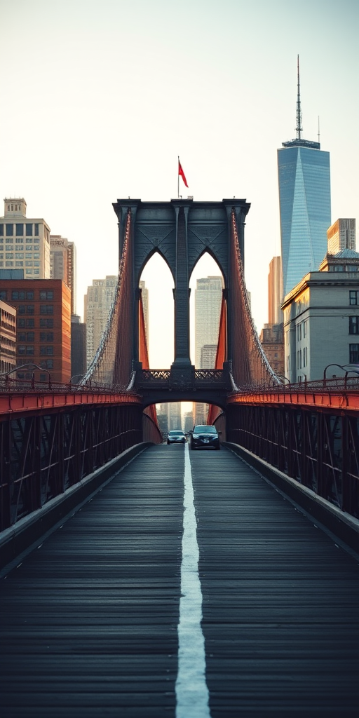 Brooklyn Bridge, wide-angle view, early morning light, DSLR camera, f/8 aperture, ISO 100, 24mm lens, enhance detail and clarity, vibrant city skyline in the background.
