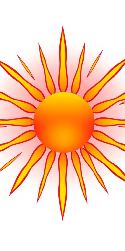 Create a vibrant sun icon with a smooth gradient in the center, surrounded by sharp, radiating rays, using a 50mm lens, f/2.8 aperture, 1/200s shutter speed, and a bright color palette.