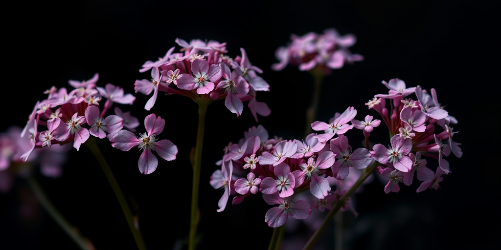 Create a high-resolution floral illustration of delicate pink and purple flower clusters against a dark background using a Canon EOS R5 with a 85mm f/1.2 lens, ISO 100, aperture f/2.8, and a soft focus style for dreamy aesthetics.