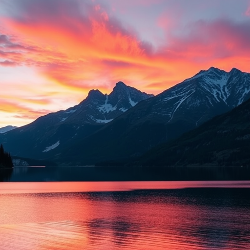 Generate an image of a serene mountain landscape at sunrise, with vibrant colors in the sky reflecting on a calm lake, using a Canon EOS R5, 24mm lens, aperture f/8, shutter speed 1/60 sec, ISO 100, wide-angle view, and a vibrant color profile.