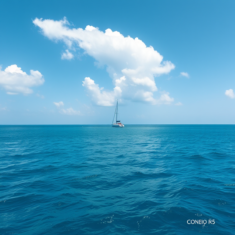 A serene sea view with a sailboat in the distance, bright blue ocean under a clear sky with fluffy clouds, shot with a Canon EOS R5 at 35mm, f/8 aperture, ISO 100, using a wide-angle lens for enhanced depth and clarity.