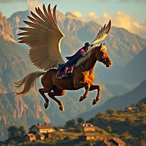 a majestic winged horse and a powerful witch soaring through a picturesque mountainous landscape with quaint houses below, captured with a Canon EOS R5, 24mm lens, f/4 aperture, 1/250s shutter speed, in golden hour lighting for enhanced dramatic effect and vivid colors