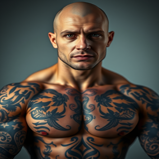 Capture a close-up portrait of a muscular, bald man with intricate tattoos covering his chest and arms, studio lighting, soft focus background, using a Canon EOS R5 with 85mm f/1.2 lens at f/2.8, ISO 100, shutter speed 1/200s.