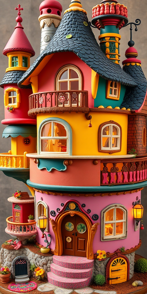 Create a whimsical fantasy house with multiple colorful levels and eclectic architectural features, captured with a high-resolution DSLR camera at f/8 aperture, ISO 100, 24mm lens, with soft lighting and a wide-angle view to enhance details and depth.