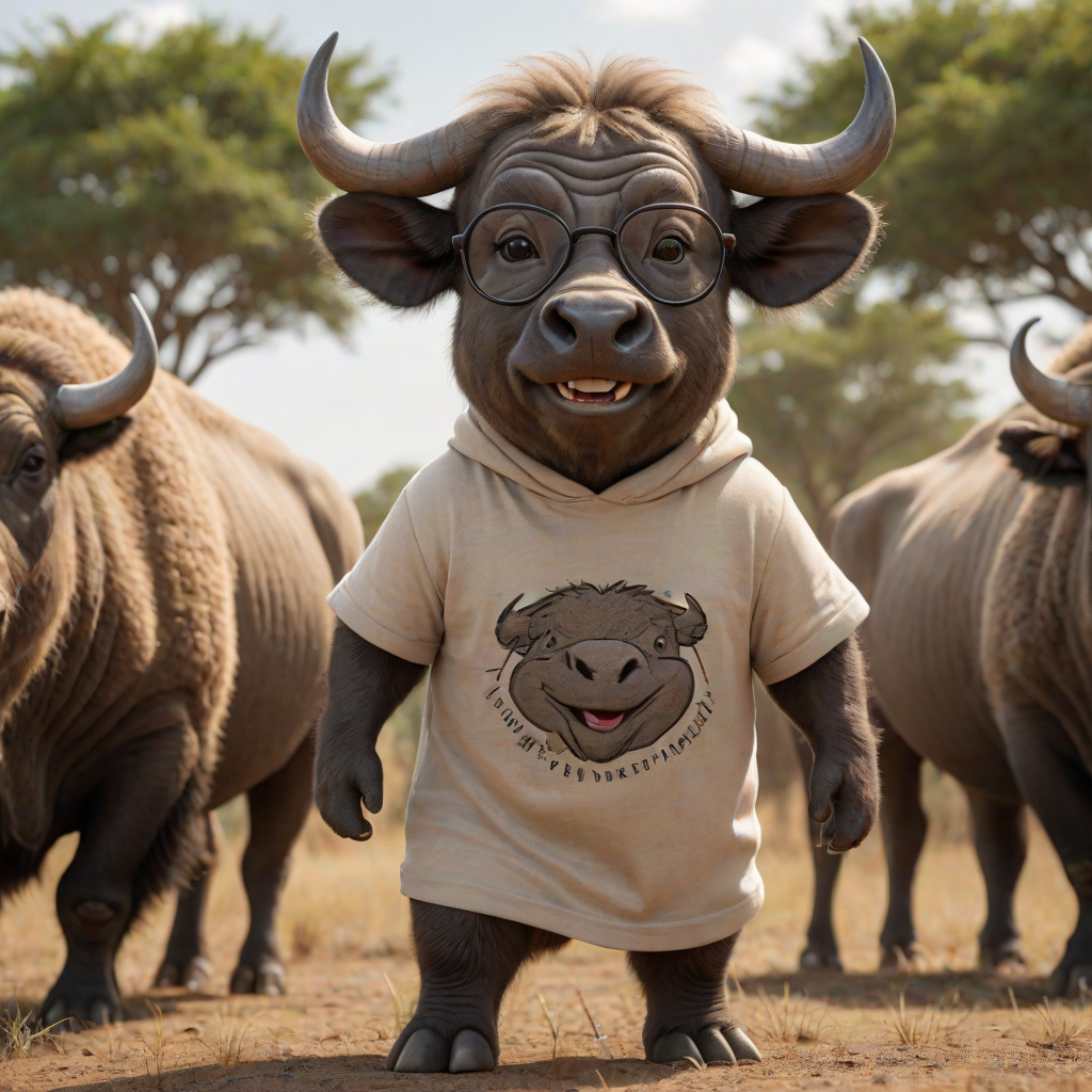 Hyperrealistic 3D render of a smiling cartoon Cape Buffalo wearing glasses and a beige t-shirt with a smaller buffalo image printed on it, missing some teeth, set against a blurred African savanna background, detailed fur, 8k resolution, octane render, artstation trending.