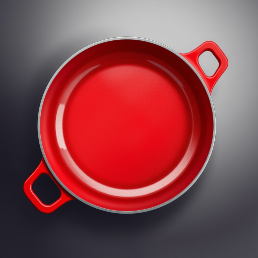Create a high-resolution illustration of a red frying pan with a glossy finish, using a soft focus effect, captured in a top-down view with a DSLR camera at f/8 aperture, 50mm lens, and ISO 200 to enhance clarity and depth.