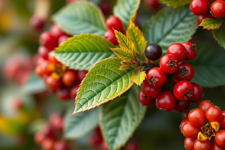 vibrant floral design with detailed leaves and berries, high-resolution, soft focus, macro lens, 50mm f/1.8, natural lighting, DSLR camera, background blurred to emphasize colors