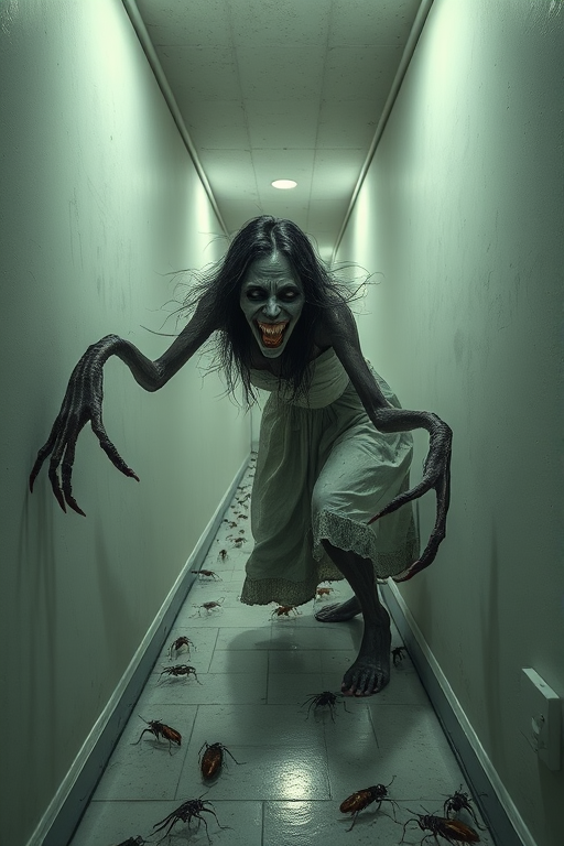 a crooked woman with long arms and a creepy smile is crawling along a long white corridor and you can also see cockroaches in it there is a creepy atmosphere creepy art style