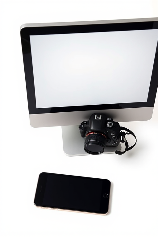 Create a realistic image of a desktop computer monitor, tablet, and smartphone arranged artfully on a white background, using a DSLR camera with a 50mm lens, aperture set to f/2.8, ISO 100, and natural lighting for enhanced image quality.
