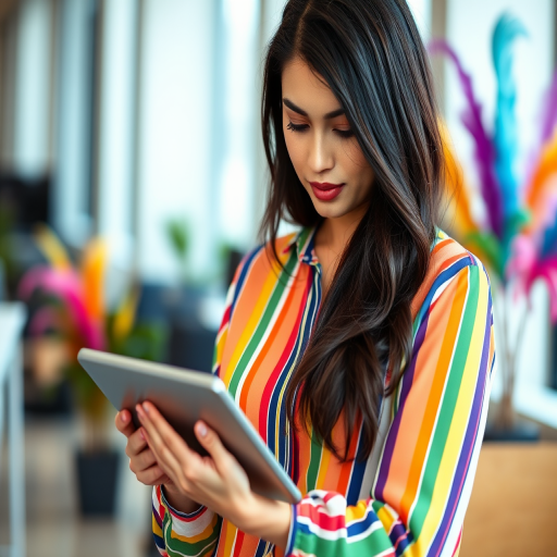 Regenerate the image of a woman with long dark hair wearing a colorful striped blouse while using a tablet in an office setting, soft focus background with colorful feathers, 35mm lens, aperture f/2.8, ISO 200, natural light, DSLR camera.