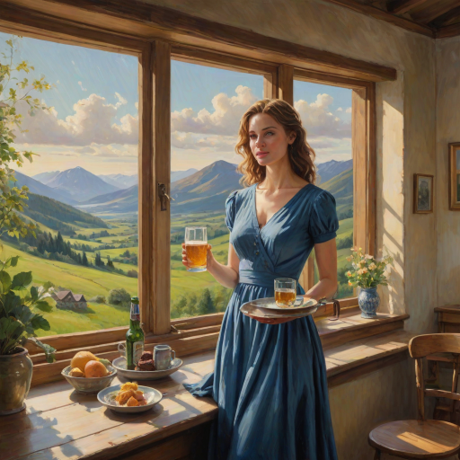 In "A Glass of Beer on the Highland," a serene scene is depicted in a sunlit room where a woman in a vibrant blue dress stands by a large window. She holds a tray with a hearty meal and a frothy glass of beer, embodying a moment of relaxation. Outside, the breathtaking highland landscape features rolling green hills and a charming traditional house, all bathed in warm afternoon light. The interior is adorned with potted plants, creating a harmonious blend of comfort and nature. The painting beautifully captures the tranquility and joy found in simple pleasures amidst stunning scenery