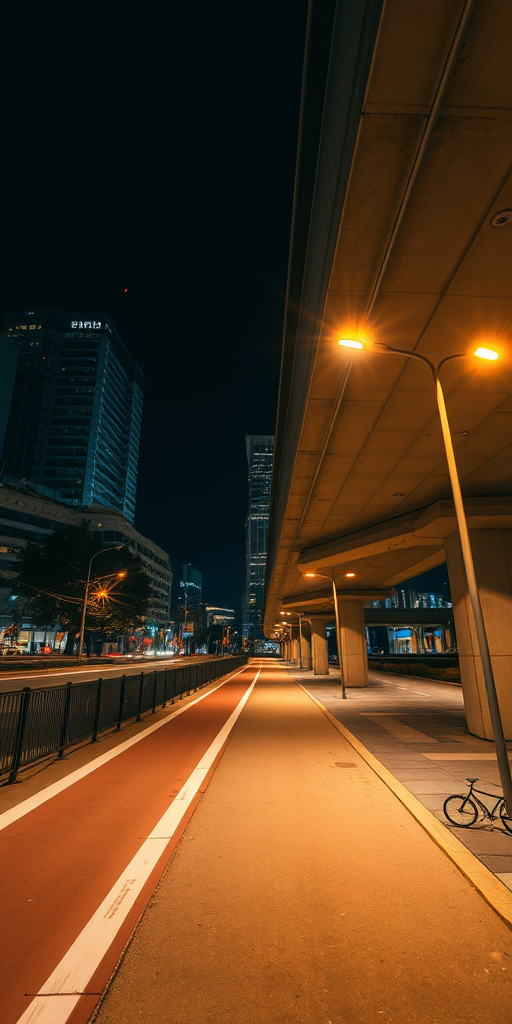 nighttime urban scene under an overpass with street lights illuminating a walking path and bicycle lane, ISO 800, f/4.0, shutter speed 1/30s, wide-angle lens, DSLR camera, low-angle view, long exposure technique for enhanced light effects