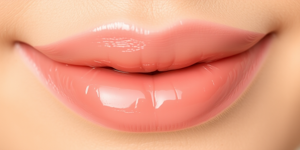 Glossy nude lips with a peachy undertone, known as "Bare Necessities," offer a natural, your-lips-but-better look with a hydrating formula