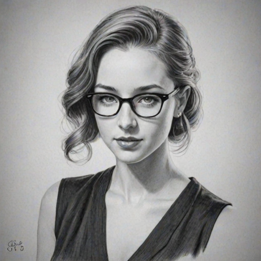 Gorgeous Haley Ramm, pencil sketch, portrait of Captivating woman 1935s in glasses, hair style beatnik, outline, clear lines, fine lines, 8k