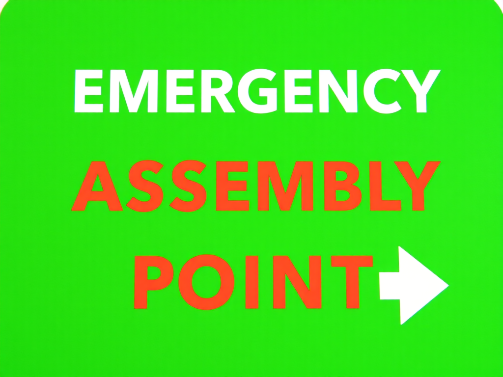 Emergency assembly point sign designed with clear, bold arrows pointing inward, featuring simple human figures in white on a bright green background, captured in high resolution using a DSLR camera with a 50mm lens, aperture set to f/1.8 for shallow depth of field, and a clean, straight-on view.