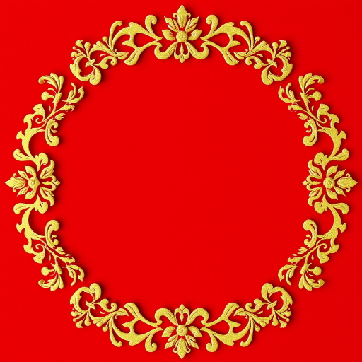 Generate a decorative image with a rich red background and an intricate gold floral border, using a DSLR camera with a 50mm lens at f/2.8 aperture, ISO 100, and a shallow depth of field to enhance detail and focus, shot from a straight-on perspective.