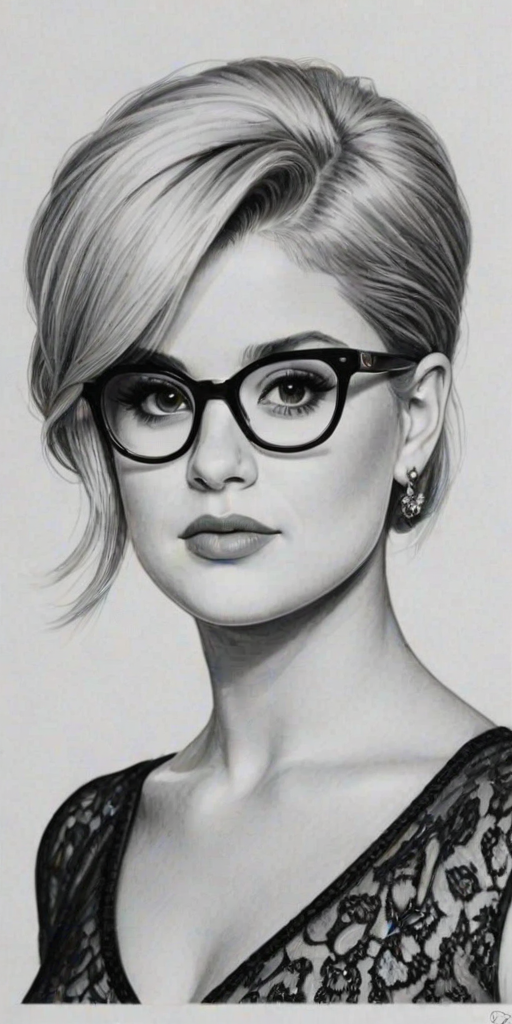 Radiant Kelly Osbourne, pencil sketch, portrait of Exquisite woman 1953s in glasses, hair style beatnik, outline, clear lines, fine lines, 8k