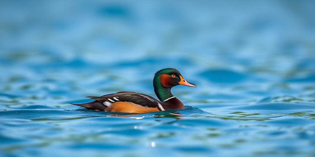 Create a high-resolution image of a Mergus merganser swimming calmly on a sparkling blue lake, captured with a DSLR camera at 200mm focal length, f/4 aperture, ISO 100, in natural light, with a shallow depth of field to emphasize the bird against the blurred water background.